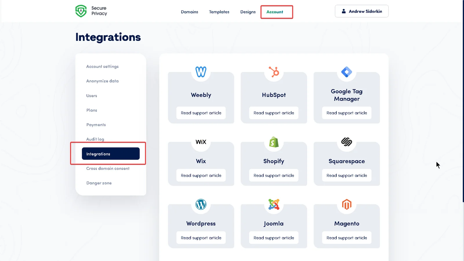 Secure Privacy Account page showing the Integrations tab with a list of supported CMS platforms and Read Support Article links