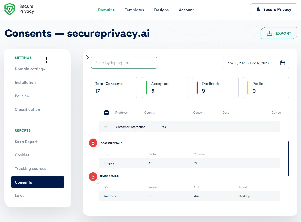 Secure Privacy consent record showing Location Details with city, state, and country, and Device Details with operating system, architecture, and device type