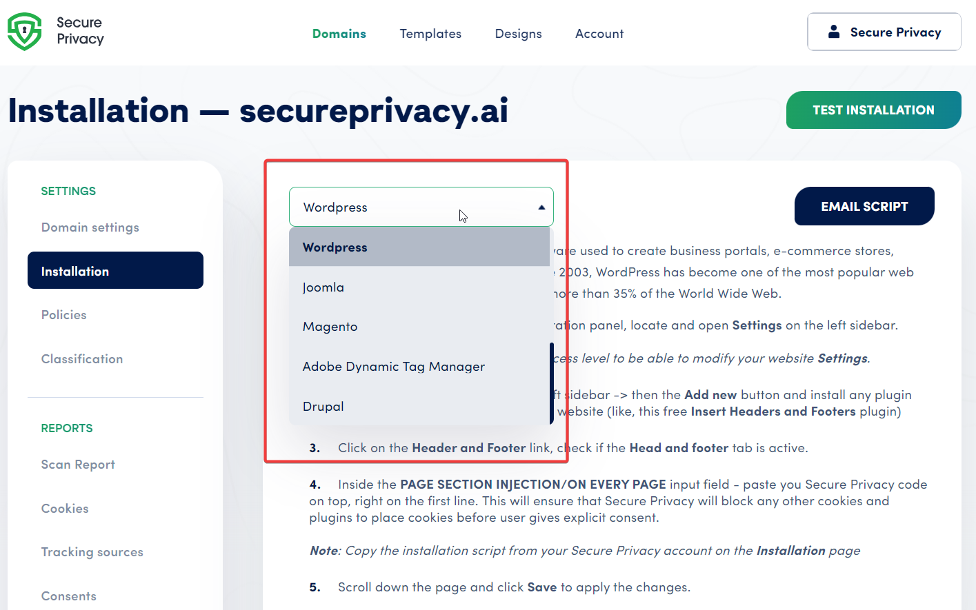 Secure Privacy Installation tab showing a CMS platform dropdown for platform-specific cookie consent setup on WordPress, Shopify, and more