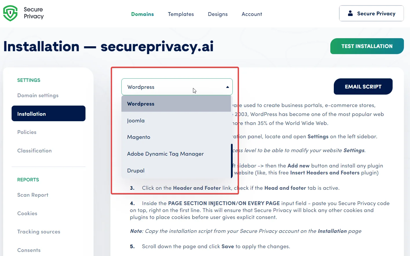 Secure Privacy Installation tab showing a CMS platform dropdown for platform-specific cookie consent setup on WordPress, Shopify, and more