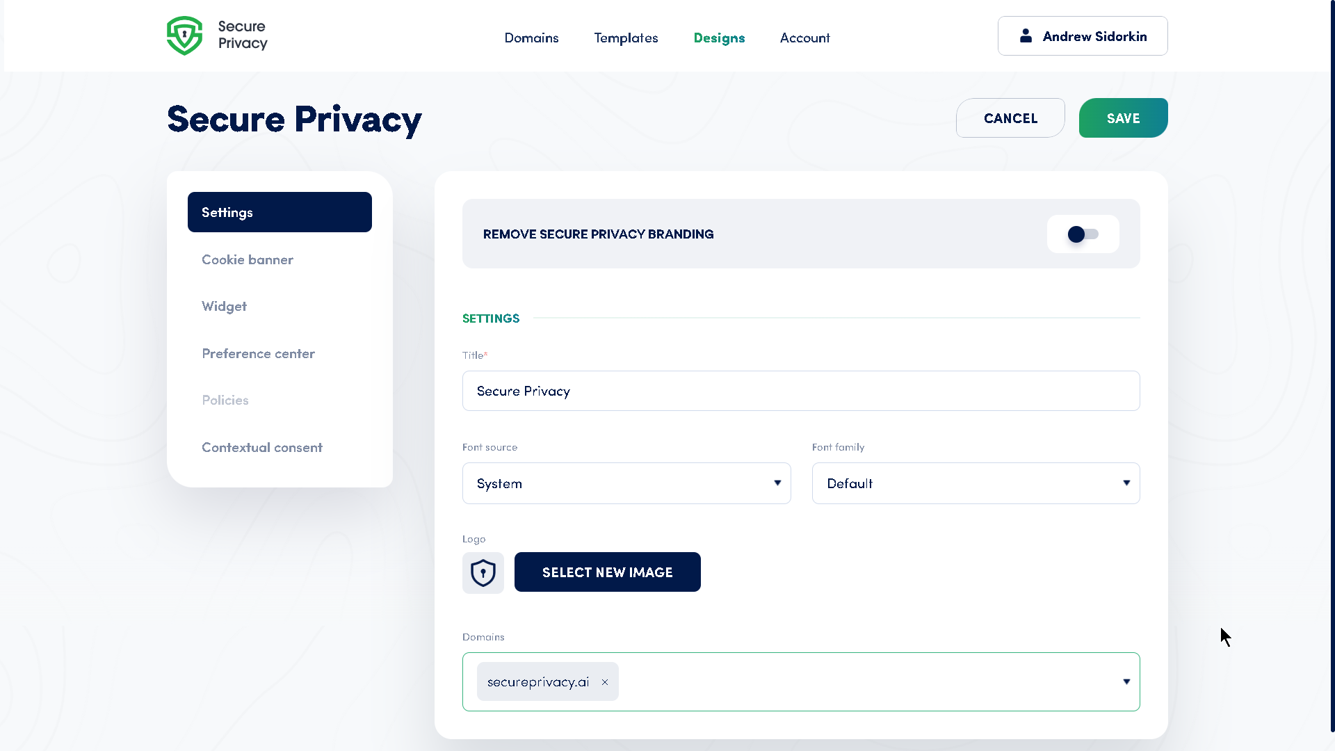 Secure Privacy Design Settings panel showing options for branding removal, title, font source, font family, custom logo, and domain assignment