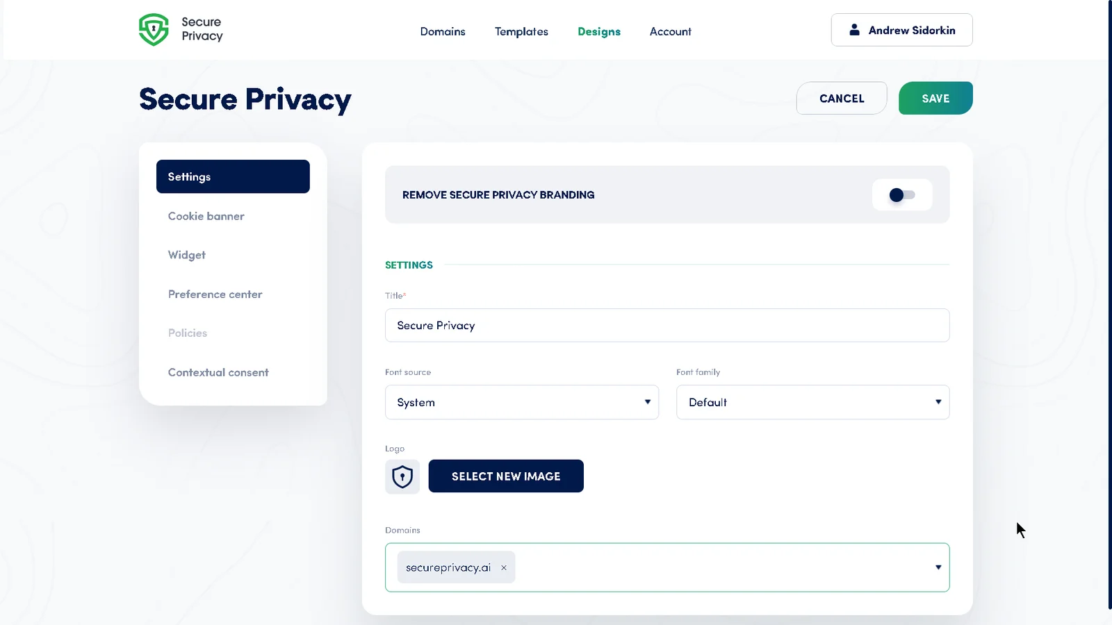 Secure Privacy Design Settings panel showing options for branding removal, title, font source, font family, custom logo, and domain assignment