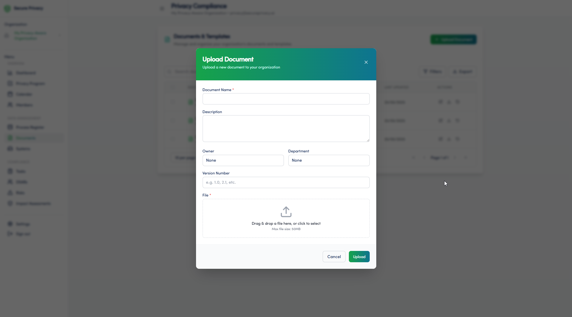 Secure Privacy Documents module upload form showing document name, description, owner, department, and permissions fields