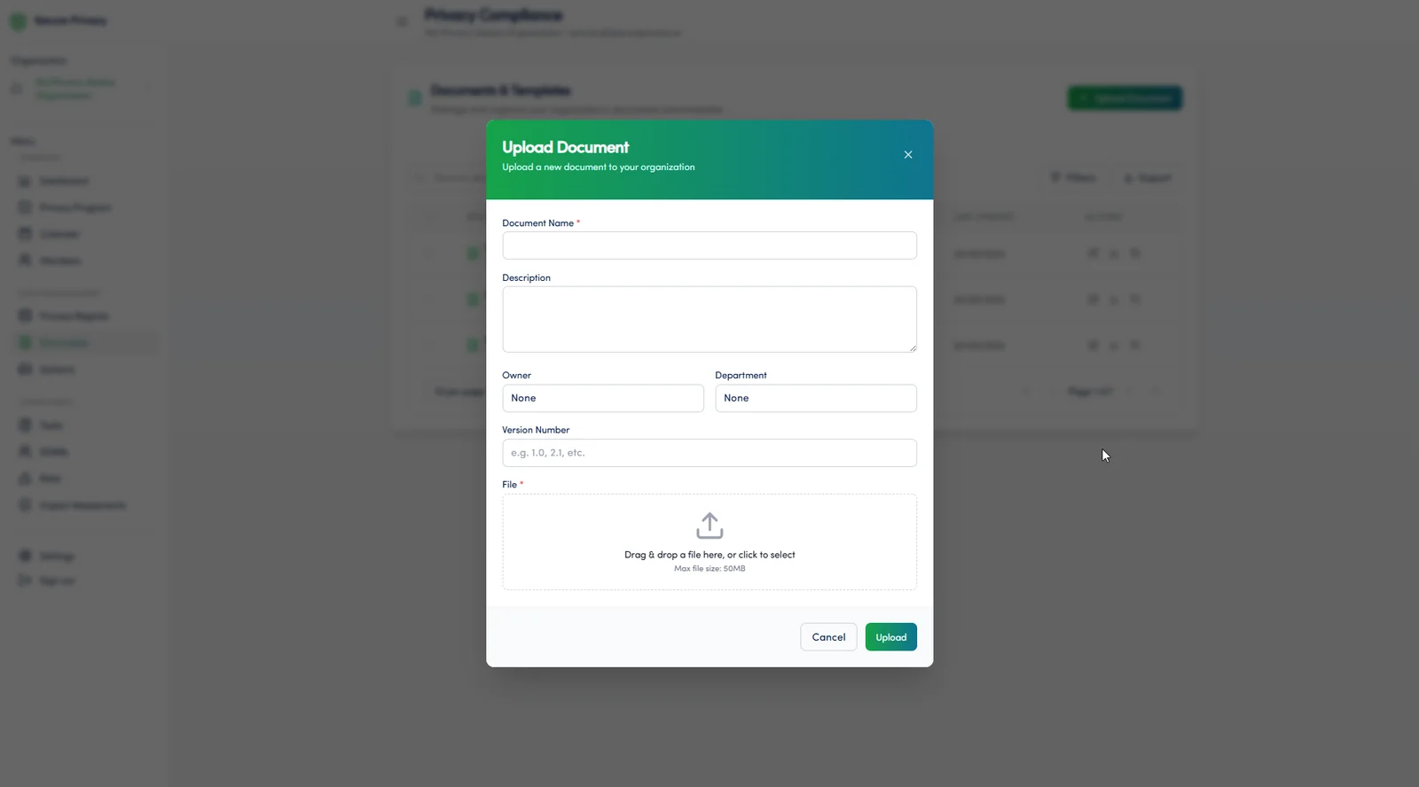 Secure Privacy Documents module upload form showing document name, description, owner, department, and permissions fields