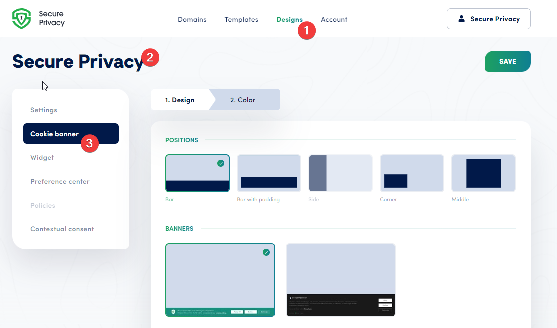 Secure Privacy dashboard showing the Design section with Cookie Banner subsection selected for customization