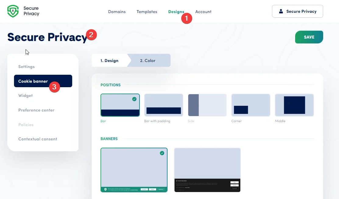 Secure Privacy dashboard showing the Design menu and Cookie Banner section for customizing the consent banner