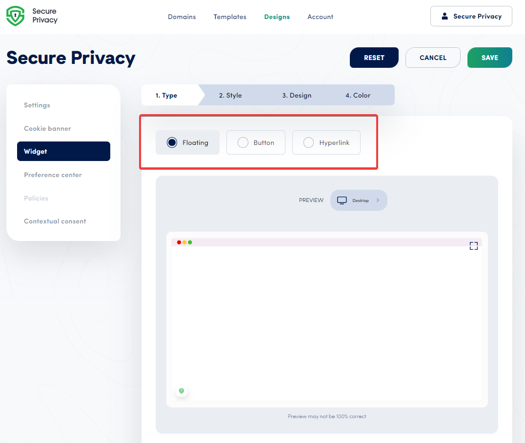 Secure Privacy Design section showing the Widget subsection with available design options to select and configure