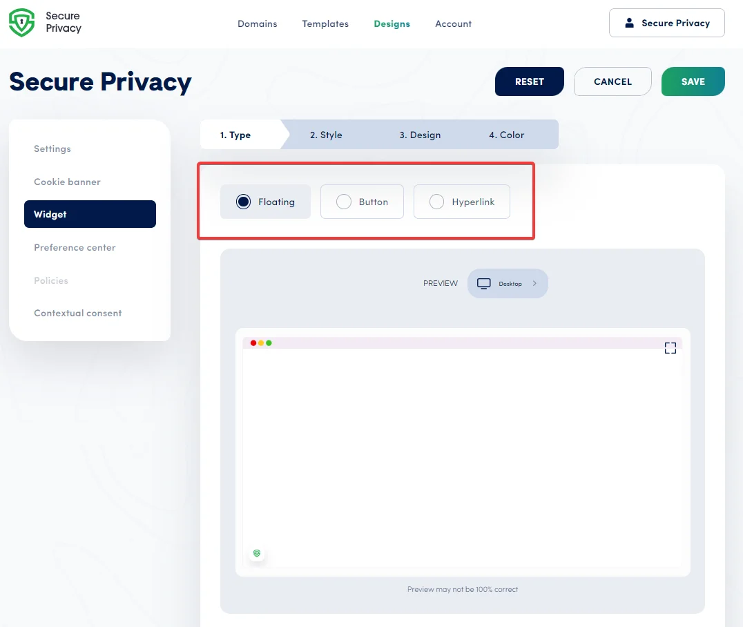 Secure Privacy Design section showing the Widget subsection with available design options to select and configure