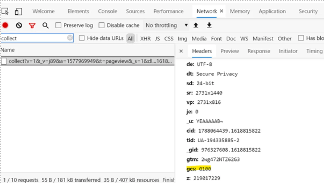 Chrome DevTools showing the gcs parameter with value G100 in a Google Analytics collect request, indicating consent is denied