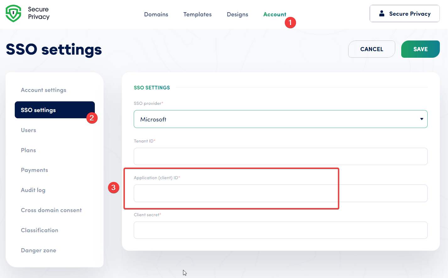 Secure Privacy SSO settings page showing the Application (client) ID field where the Azure App Registration value should be pasted