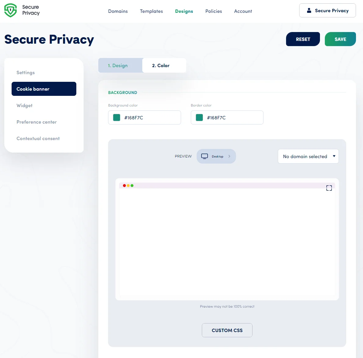Secure Privacy Designs tab showing the list of available designs with options to select and edit each design