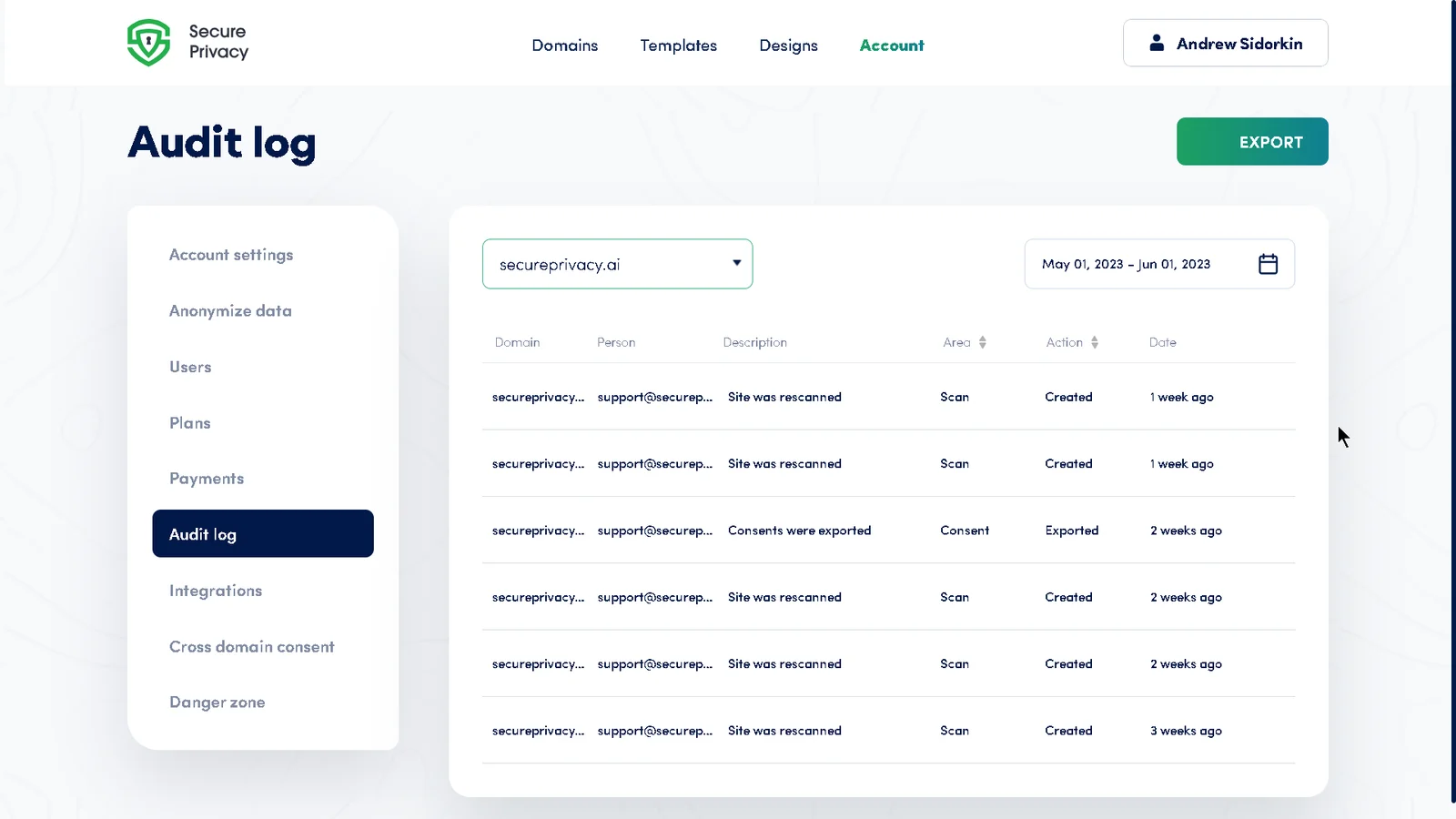 Secure Privacy Account page showing the Audit Log tab with a timestamped table of recorded account activity entries