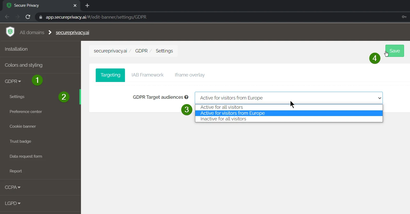 Secure Privacy compliance module audience targeting settings showing GDPR, CCPA, and LGPD region selection options