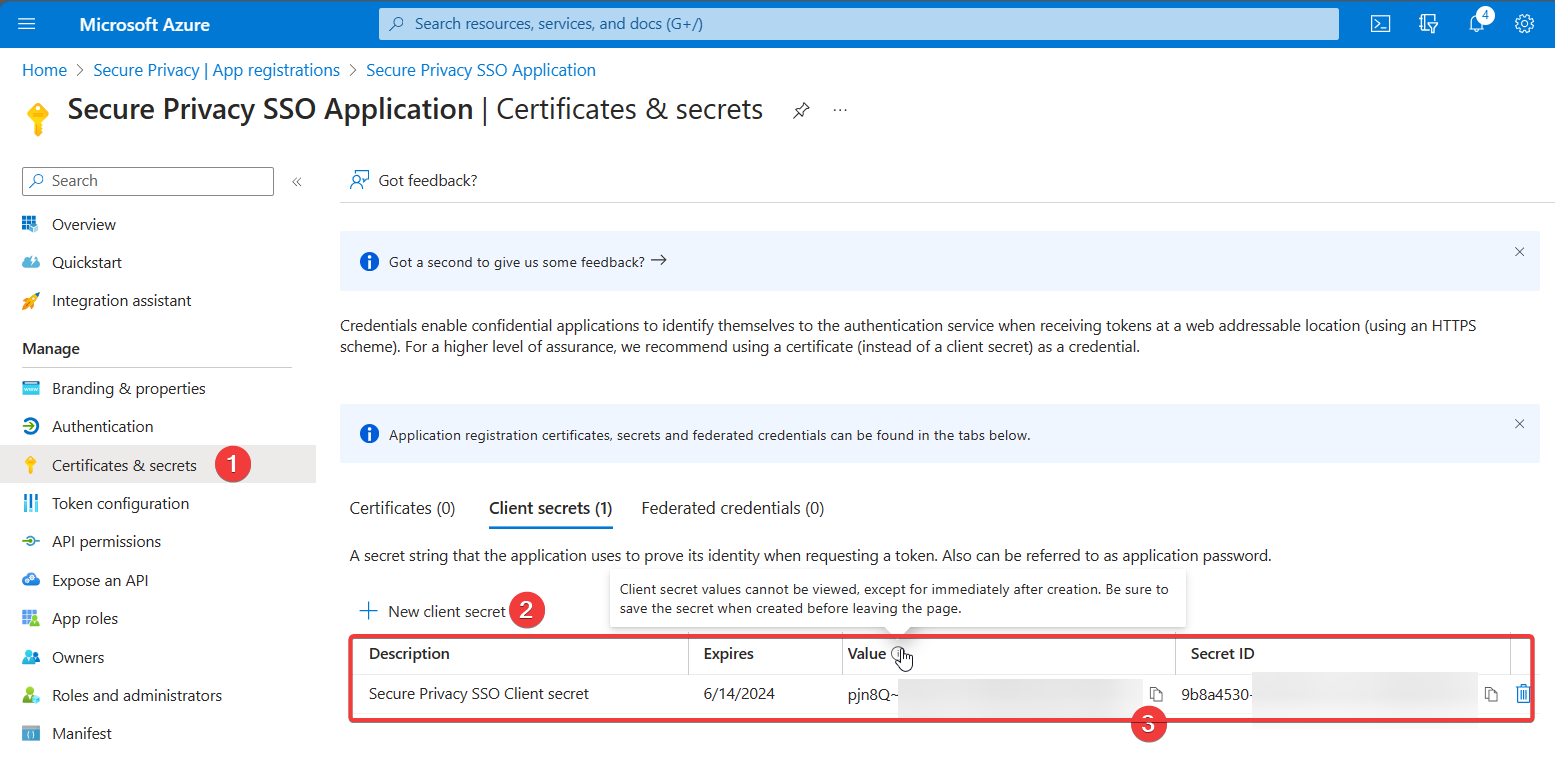 Azure Certificates and secrets page showing a newly created client secret with its Value field available to copy for Secure Privacy SSO