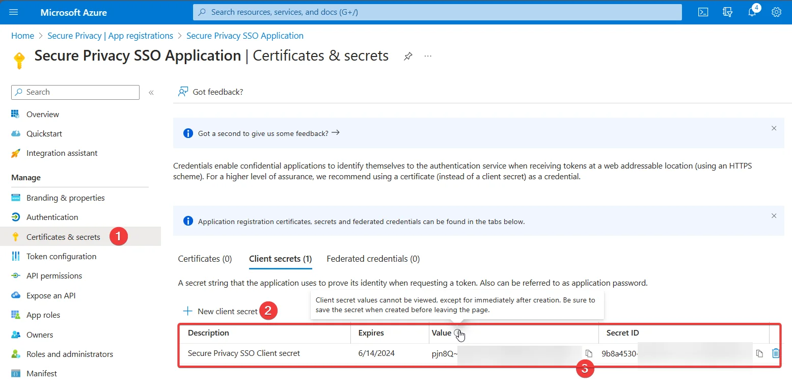 Azure Certificates and secrets page showing a newly created client secret with its Value field available to copy for Secure Privacy SSO