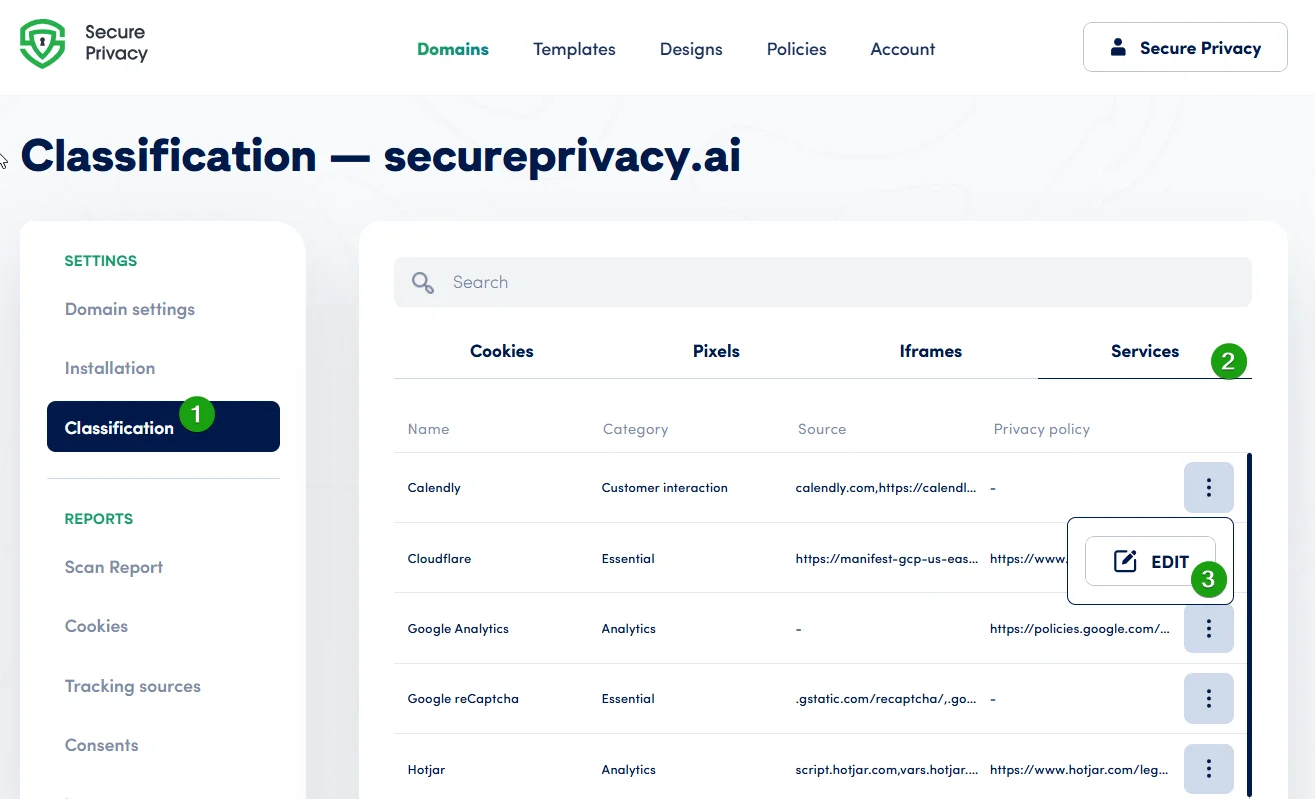 Classification Services tab in the Secure Privacy CMP dashboard used to manually configure cookie blocking for non-essential scripts