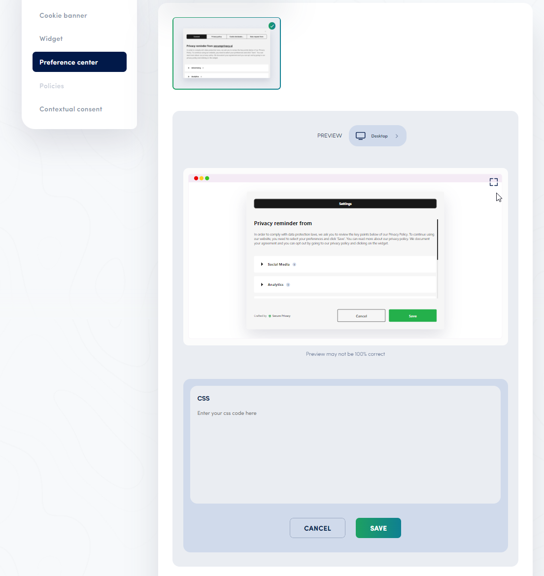 Secure Privacy Preference Center Design tab showing the preview and custom CSS configuration options