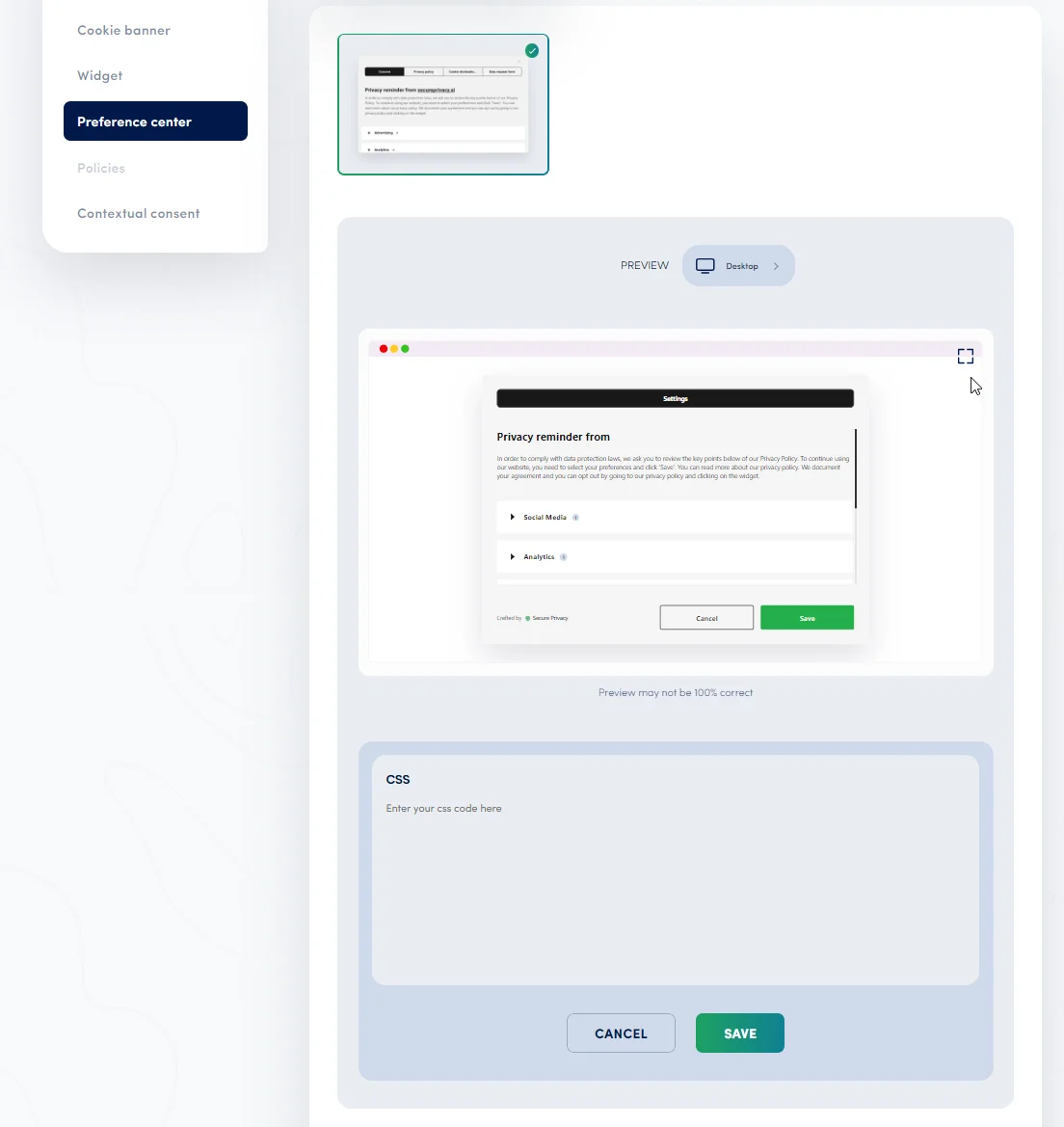 Secure Privacy Preference Center Design tab showing the preview and custom CSS configuration options