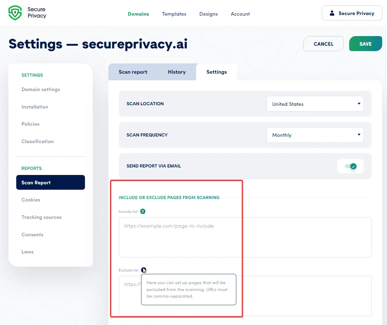 Secure Privacy Scan Report Settings showing the Include or Exclude Pages input field with comma-separated URL entry