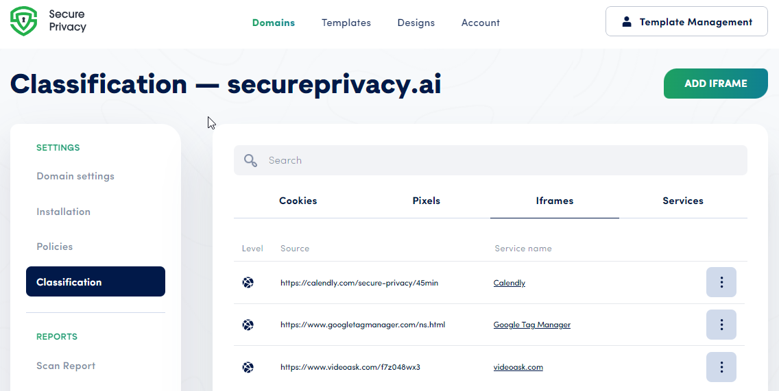Secure Privacy Classification Iframes tab — detected third-party iframes requiring user consent, with account-level and domain-level entries