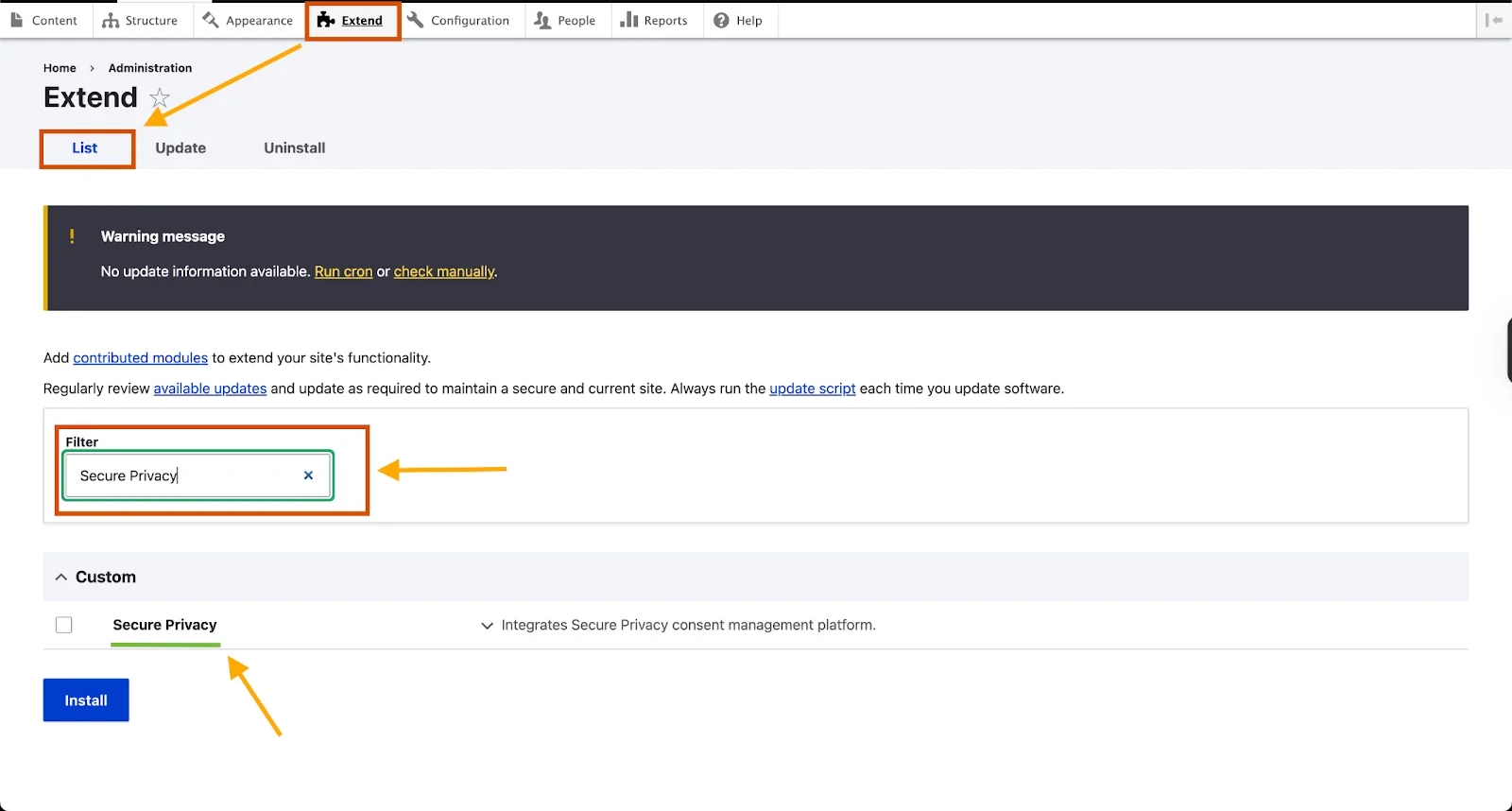 Drupal Administrator Configuration tab showing the Secure Privacy option under the System section