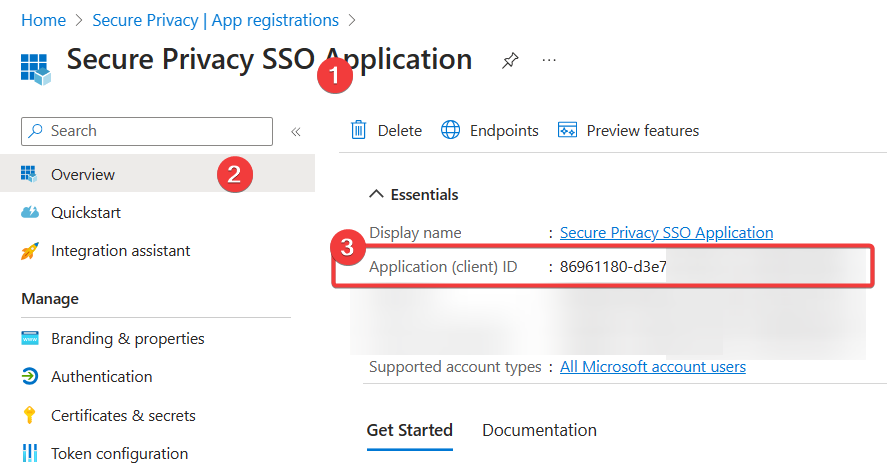 Azure App registration overview page showing the Application (client) ID field to copy for Secure Privacy SSO settings