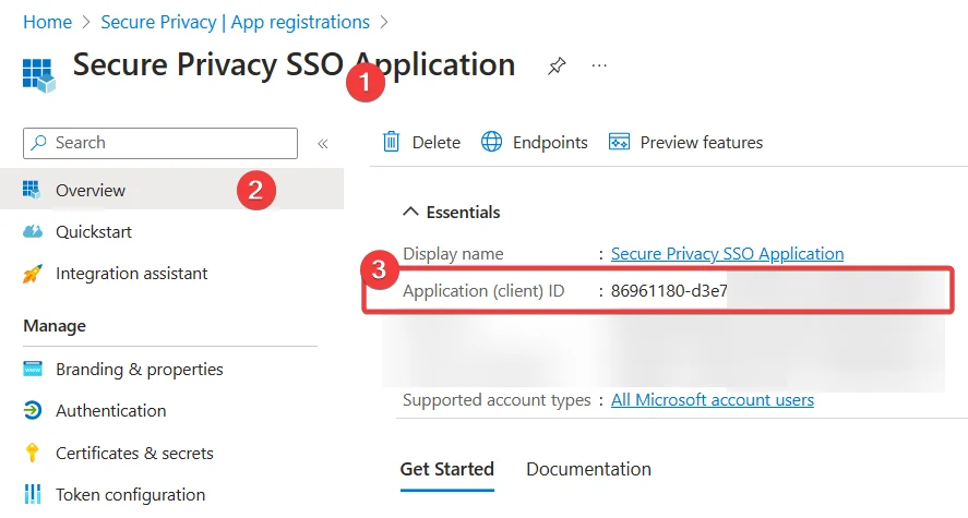 Azure App registration overview page showing the Application (client) ID field to copy for Secure Privacy SSO settings