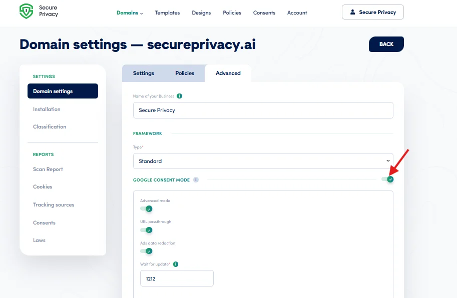 Secure Privacy Google Consent Mode setting in Domain Settings, showing options to enable Basic or Advanced consent mode for Google Analytics and Google Ads