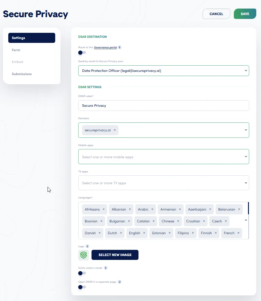 Secure Privacy DSAR Settings Tab — Form Configuration Secure Privacy DSAR Settings tab showing destination routing options, domain assignment, language selection and email verification toggle