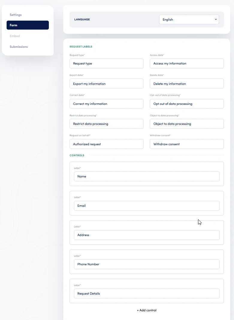 Secure Privacy DSAR Form tab showing editable request type labels and form controls including name, email, address and custom field configuration