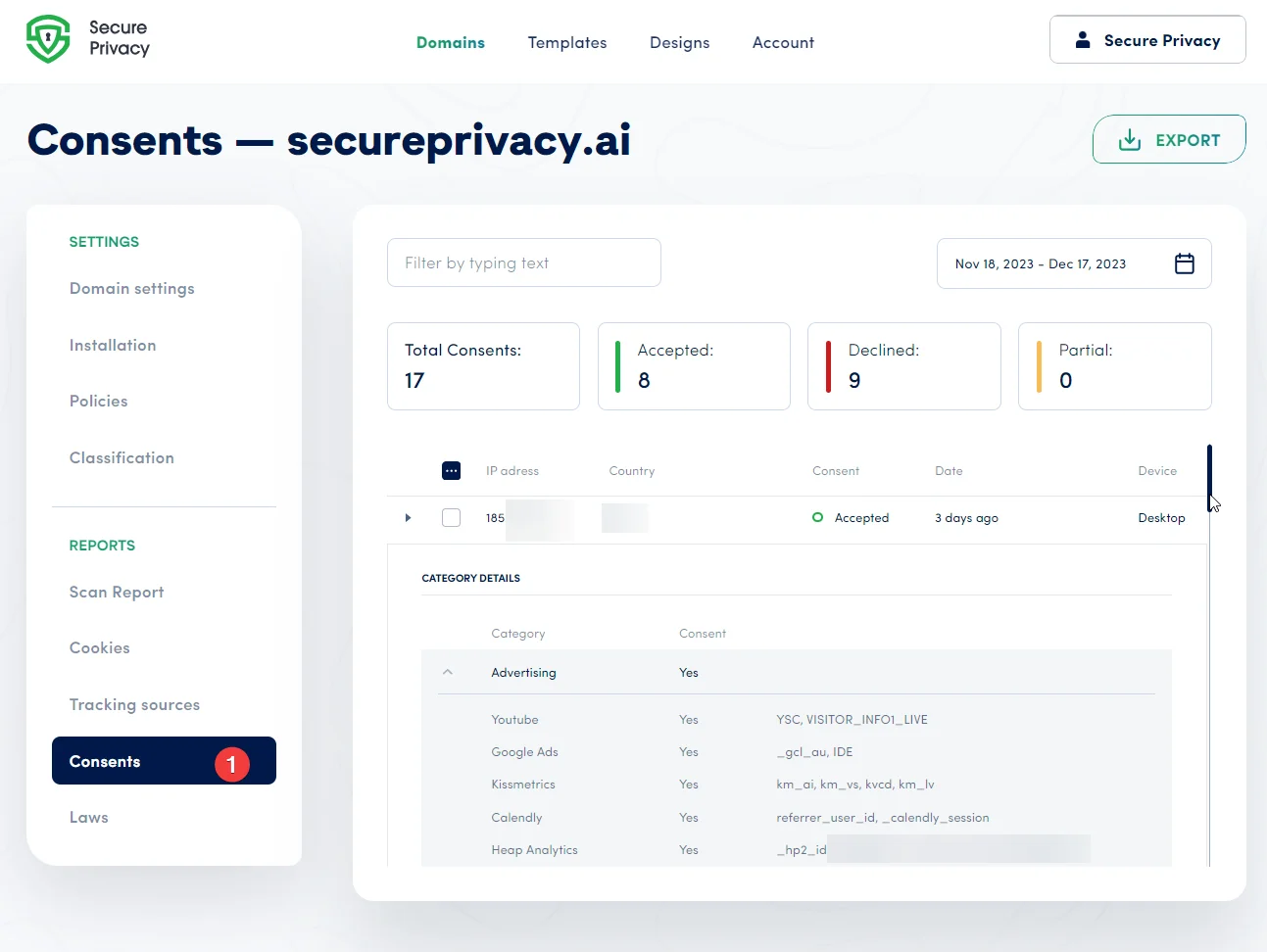 Secure Privacy domain home screen showing the Consent tab for opening the Consent Dashboard