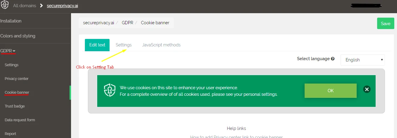 Secure Privacy GDPR Cookie Banner Settings sub-tab showing cookie banner type configuration options