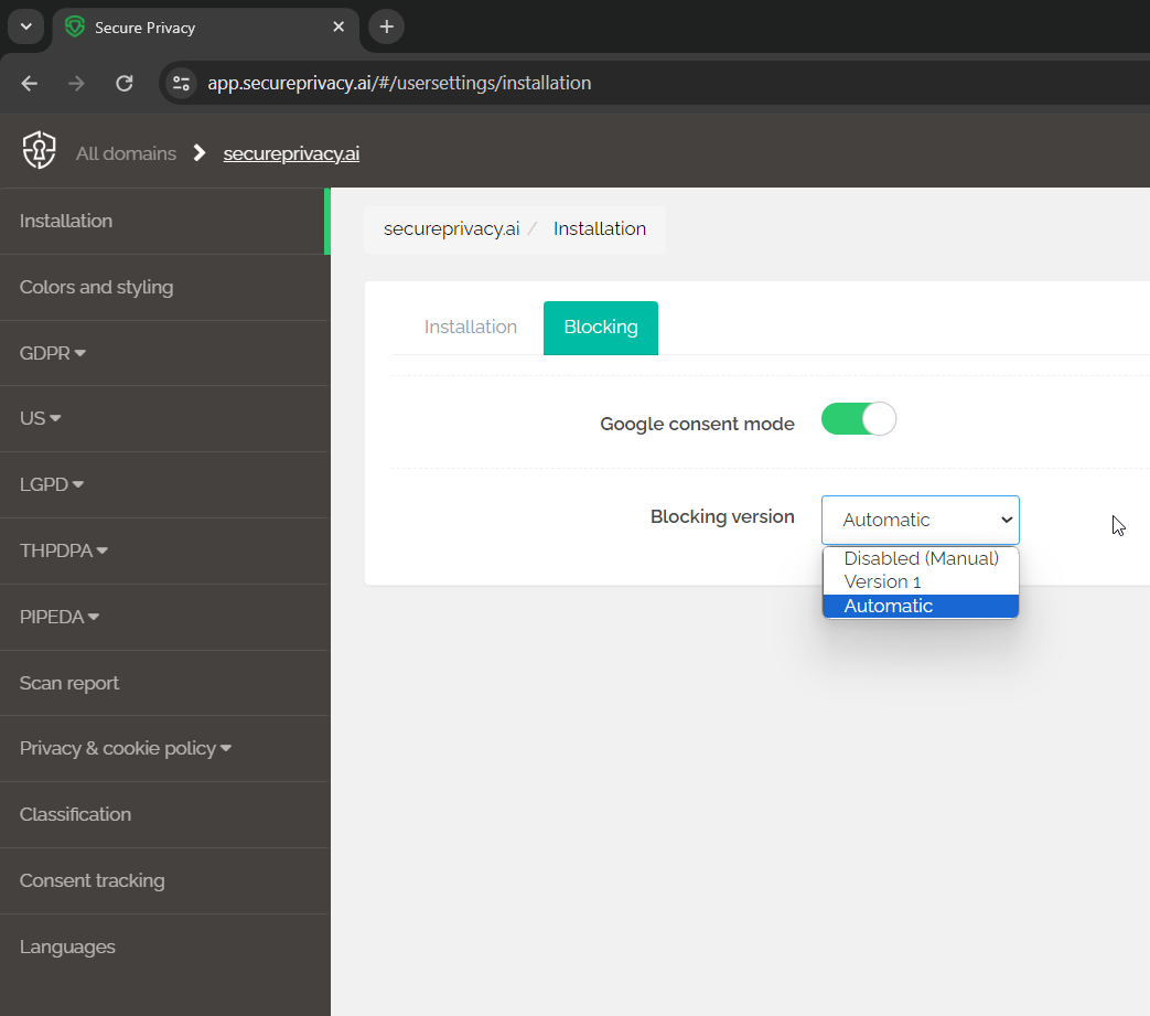 Secure Privacy automatic cookie blocking configuration showing blocking status and consent requirement for non-essential cookies