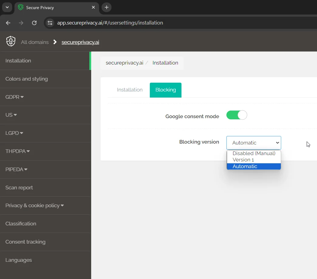 Secure Privacy automatic cookie blocking configuration showing blocking status and consent requirement for non-essential cookies