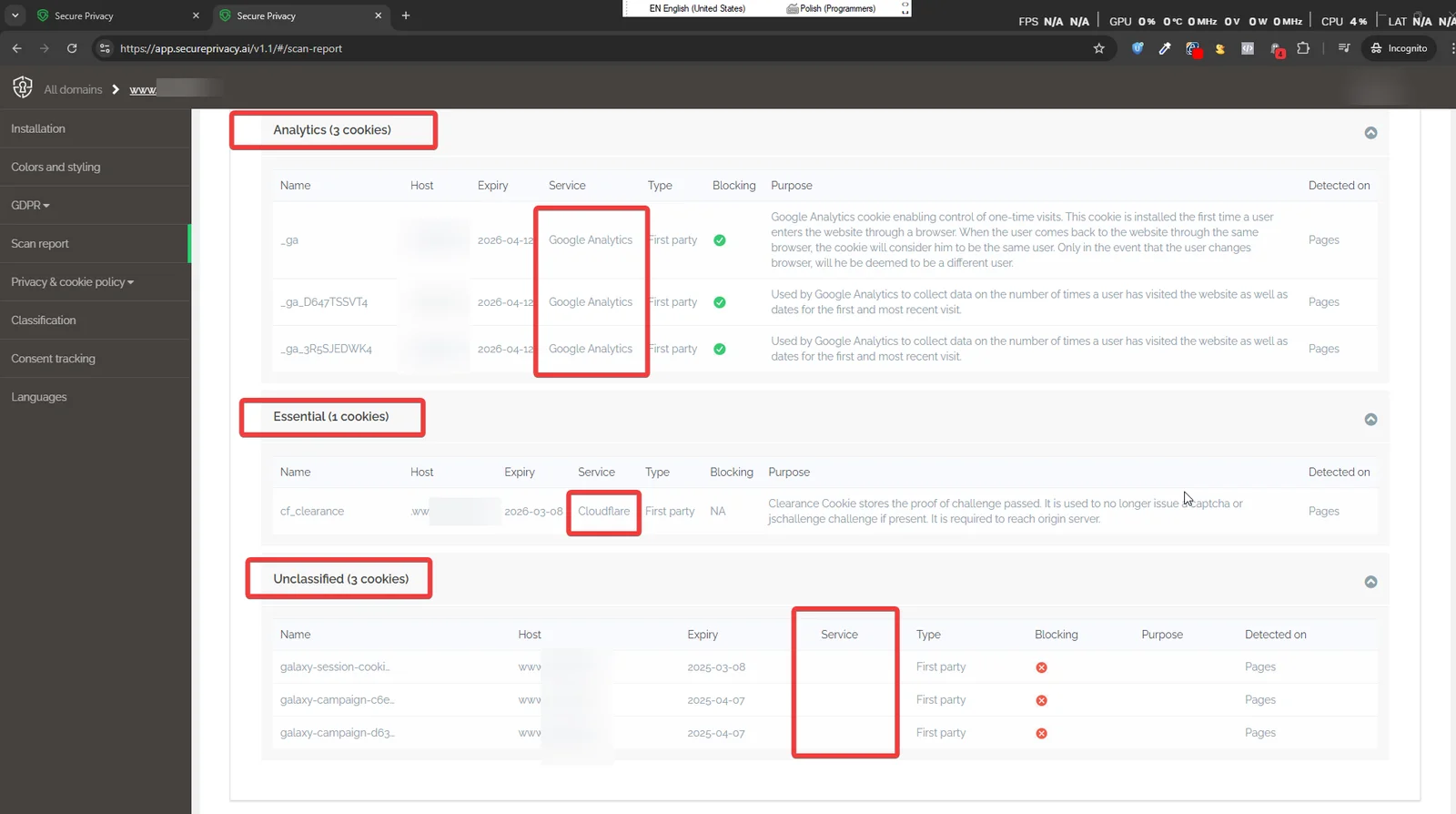 Secure Privacy Scan Report cookie list showing detected cookies with blocking status and classification