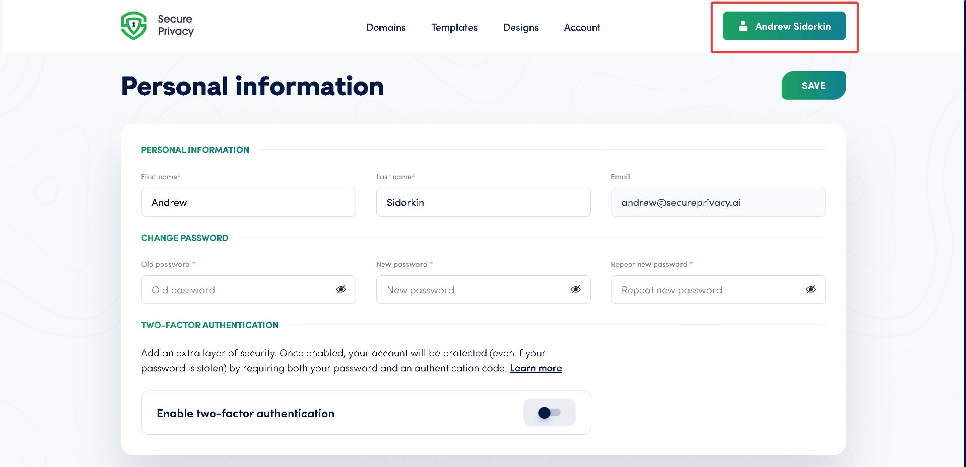 Secure Privacy dashboard with the account settings menu open after clicking the user name in the top-left corner