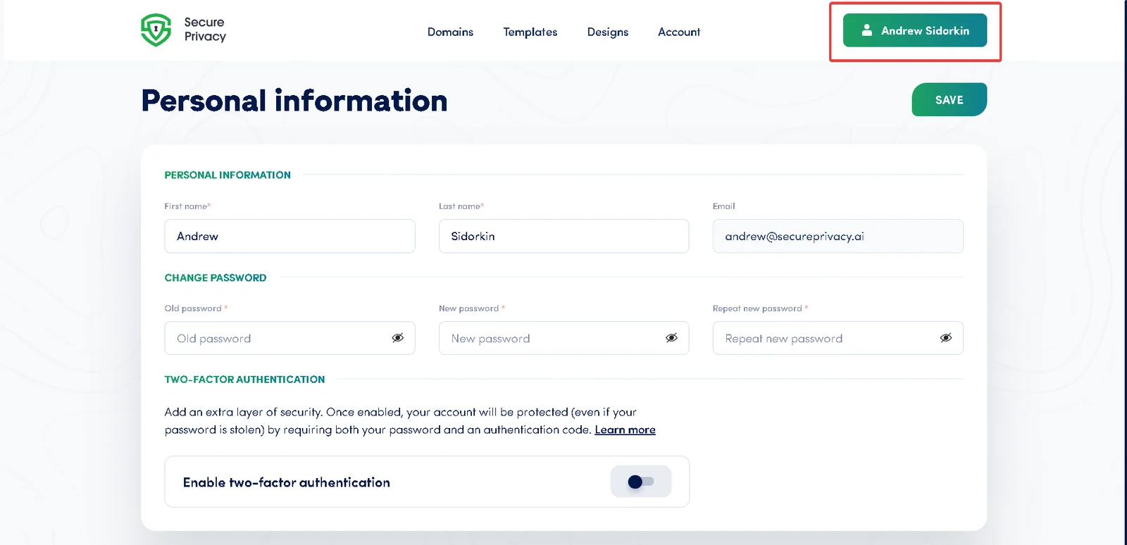 Secure Privacy dashboard with the account settings menu open after clicking the user name in the top-left corner