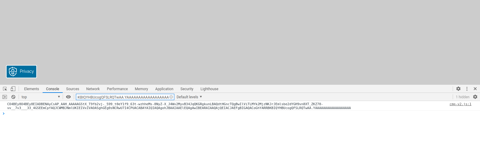 Browser developer console showing an IAB TCF 2.0 encoded consent string generated by Secure Privacy