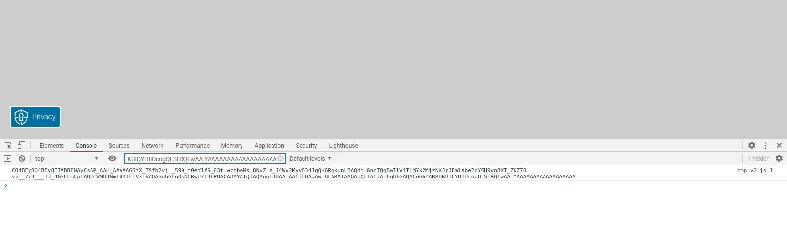 Browser developer console showing an IAB TCF 2.0 encoded consent string generated by Secure Privacy