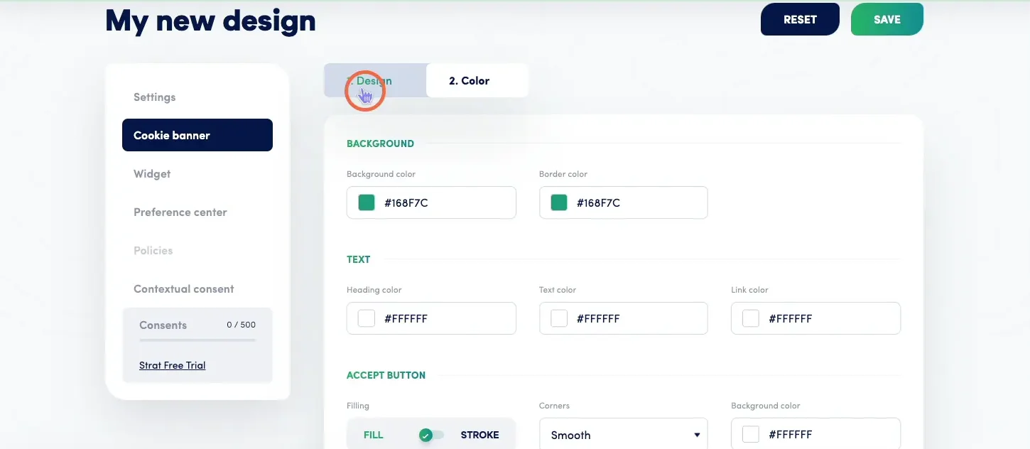 Secure Privacy Preference Center settings panel showing tab name fields, cookie category descriptions, and language configuration options