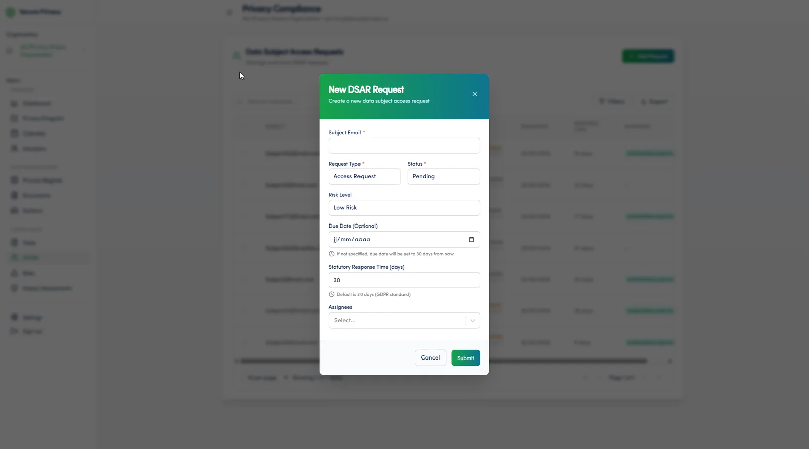 Secure Privacy DSAR module request detail view showing progress tracking, assigned team member, deadline countdown, and action log
