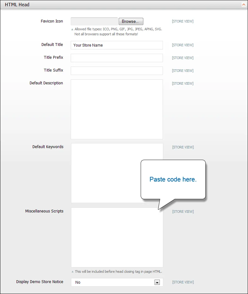 Magento 2 Admin panel — System Configuration Design HTML Head showing Miscellaneous Scripts field where the Secure Privacy GDPR cookie consent script is pasted