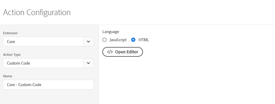 Adobe Launch rule action configuration screen showing the action type and settings required for the Secure Privacy cookie consent script