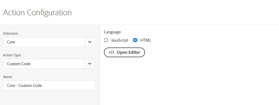 Adobe Launch rule action configuration screen showing the action type and settings required for the Secure Privacy cookie consent script