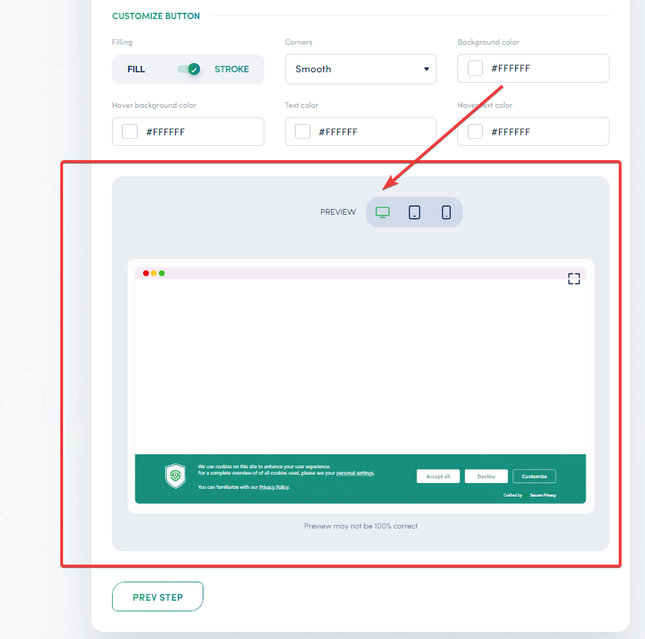 Secure Privacy cookie banner button styling options showing fill, corner, and color settings for Accept, Decline, and Customize buttons