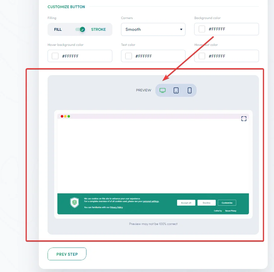 Secure Privacy cookie banner design preview panel showing desktop, tablet, and mobile responsive views