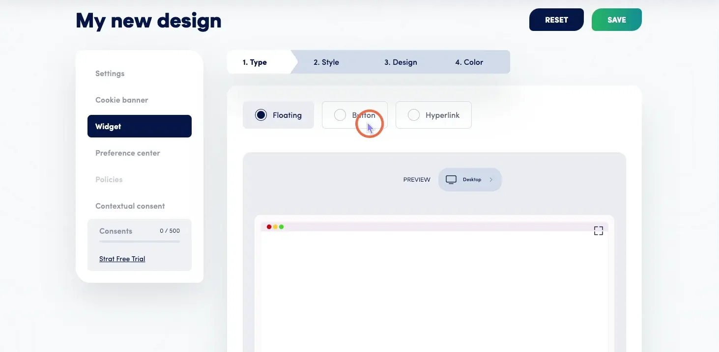 Secure Privacy Widget settings panel showing Floating widget type selected with Type, Style, Design, and Color configuration options