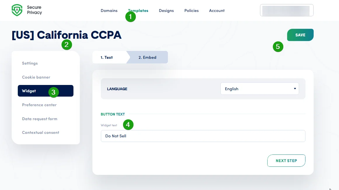 Secure Privacy CCPA template Widget settings panel showing the Widget Display Text field for customizing the opt-out label