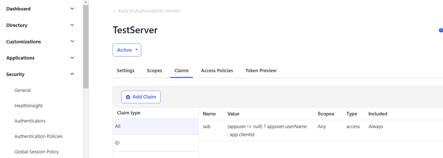 Okta admin console showing the Create Authorization Server page under Security > API