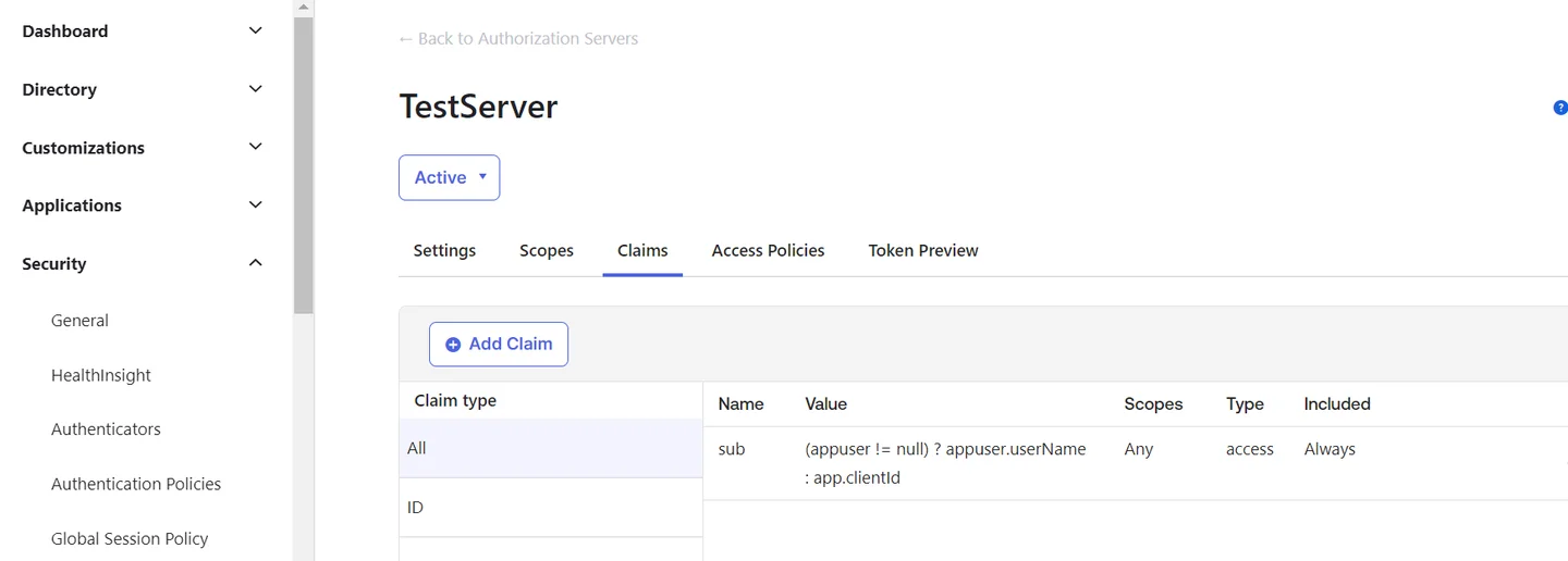 Okta admin console showing the Create Authorization Server page under Security > API